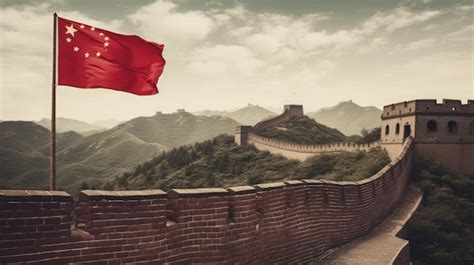 Premium AI Image | China flag on the great Wall of China landscape