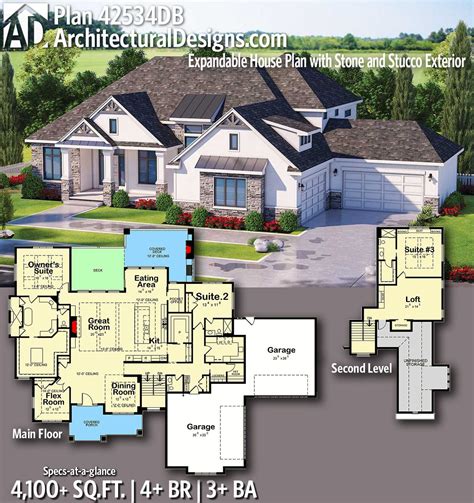 Plan 42534DB: 3-Bed House Plan with Stone and Stucco Exterior | House plans, Stone and stucco ...