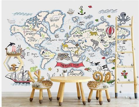 Cartoon World Map Nursery Wallpaper Handpainted World Map - Etsy