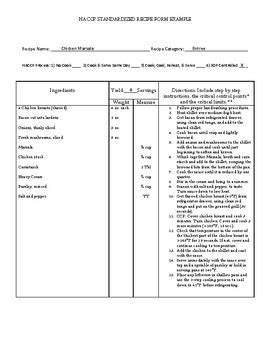 HACCP Standardized Recipe Form with Example for Culinary by The 3 Heart ...