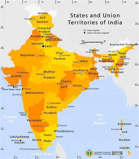 Union territories of India map - Union territories of India on map (Southern Asia - Asia)