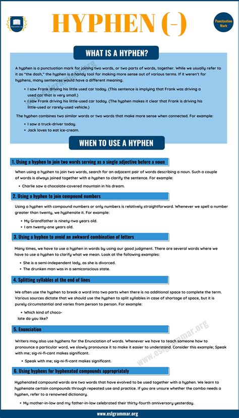 The Hyphen (-): Definition, Usage with Useful Examples - ESL Grammar