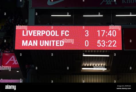 The scoreboard scoring 3-0 to Liverpool during the Premier League match at Anfield, Liverpool ...