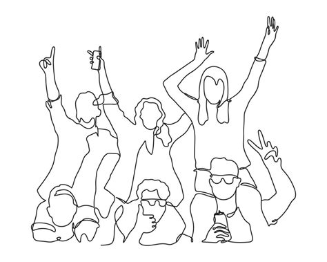 Line art drawing of cheerful crowd. Hands up. Group of Applause people, continuous one Line ...