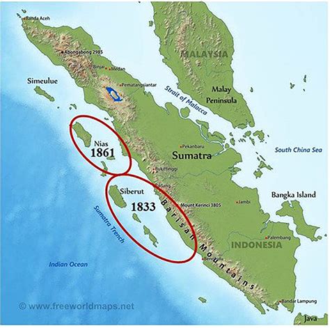 | Map of Sumatra showing the earlier 1833 and 1861 earthquake ruptures ...