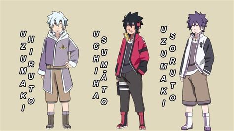 three anime characters standing next to each other with their names in ...