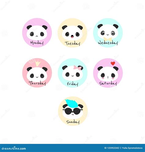 Set of 7 Vector Circles with Panda Bear and Names of the Week Da Stock Illustration ...