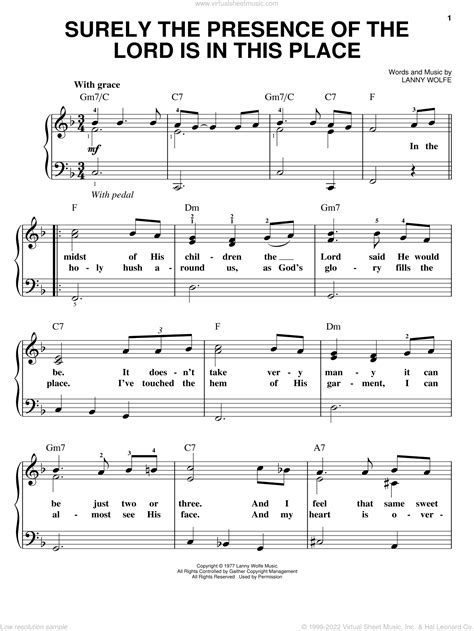 Surely The Presence Of The Lord Is In This Place, (easy) sheet music ...