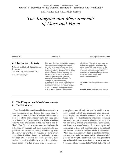 (PDF) The Kilogram and Measurements of Mass and Force