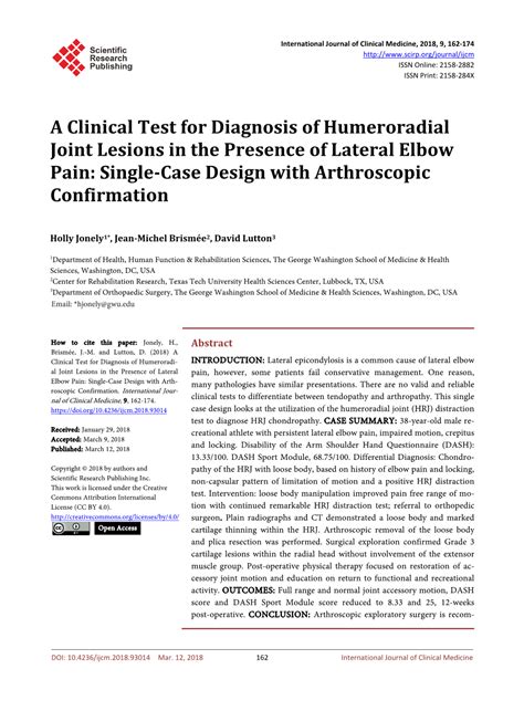 A Clinical Test for Diagnosis of Humeroradial Joint Lesions in the Presence of Lateral Elbow ...