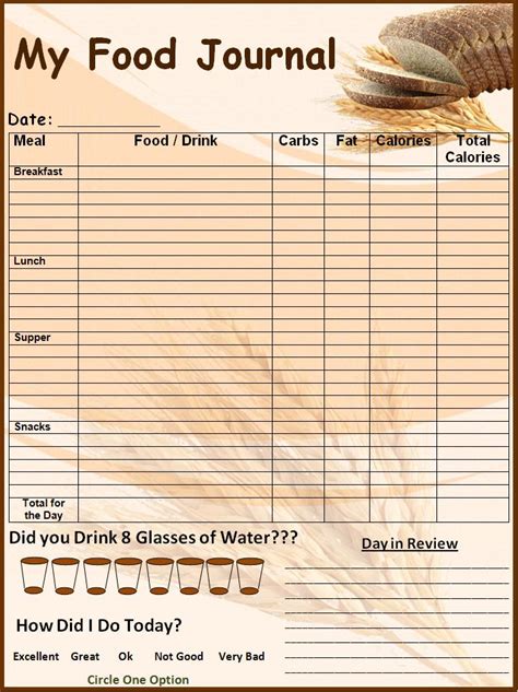 Food log template Printable In excel Format