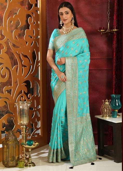 Heavy Embroidered Designer Turquoise Blue Color Silk Saree Indian ...