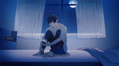 Boy Is Sitting Alone On Bed During Nighttime 4K HD Anime Boy Wallpapers ...