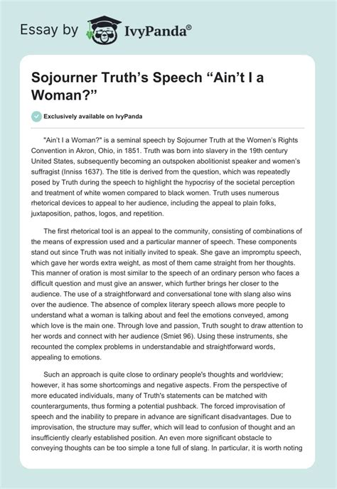 Sojourner Truth's Speech "Ain't I a Woman?" - 452 Words | Essay Example