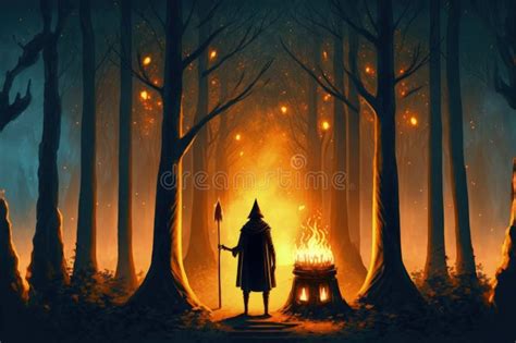 Fairy Tale Forest Depicted in Fantasy Artwork Showing Solitary Figure with Lit Torch ...