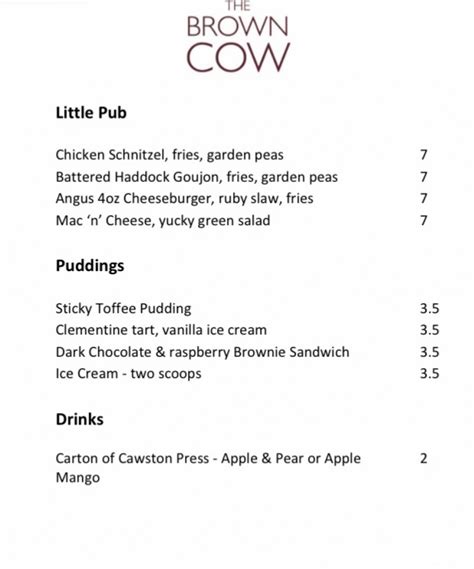 The Brown Cow London's full menu online