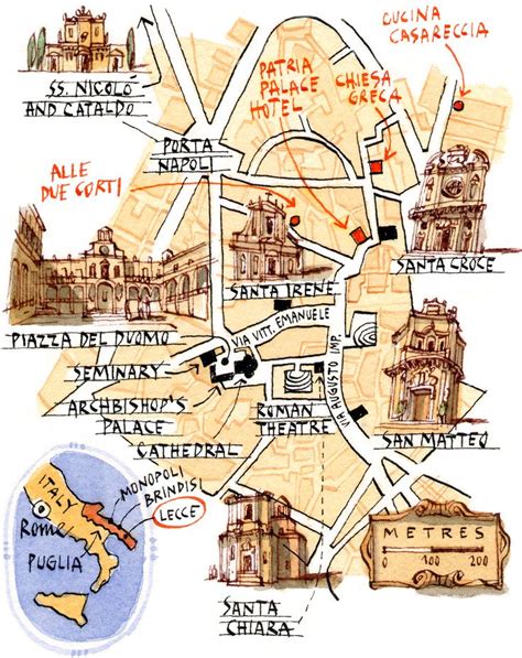 Illustrated map, Lecce italy, Puglia