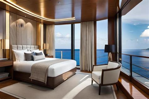 Premium Photo | A bedroom with a view of the ocean and a balcony overlooking the ocean.