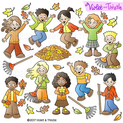 Fall Clipart Kids Clip Art Action Verbs Activities Raking Hiking Jumping in Leaves Maple Oak ...