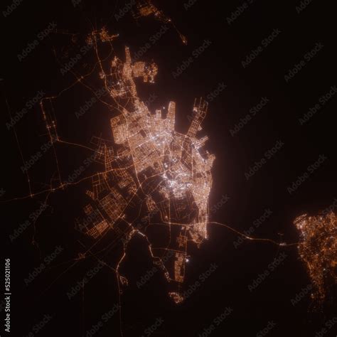 Dammam (Saudi Arabia) street lights map. Satellite view on modern city at night. Imitation of ...