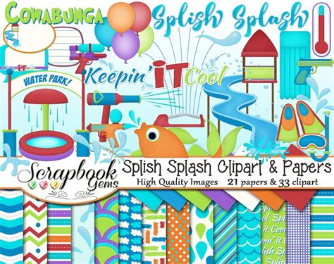 SPLISH SPLASH Clipart and Papers Kit, 33 Png Clip Arts, 21 Jpeg Papers ...