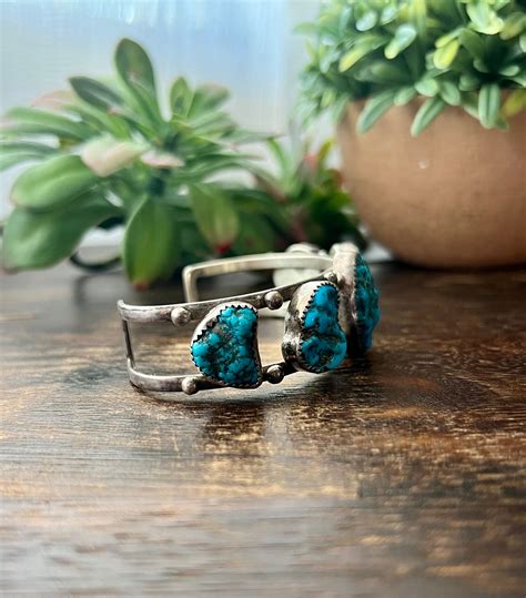 Vintage Navajo Made Kingman Turquoise & Sterling Silver Cuff Bracelets