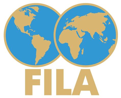 the logo for fila is shown in gold and blue with a world map on it