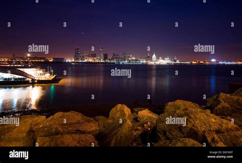 Liverpool skyline at night taken from Birkenhead on the Wirral, UK ...