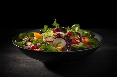 Premium Photo | A bowl of salad with a black background