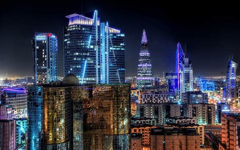 Riyadh, capital, colorful city lights, night, skyscrapers, modern ...