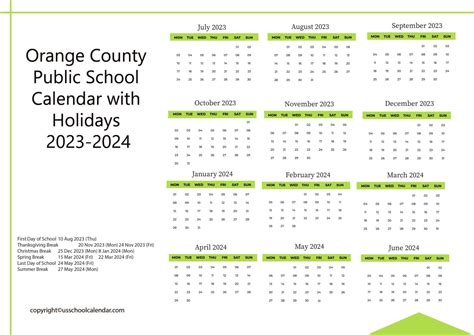 Orange County Public School Calendar with Holidays 2023-2024