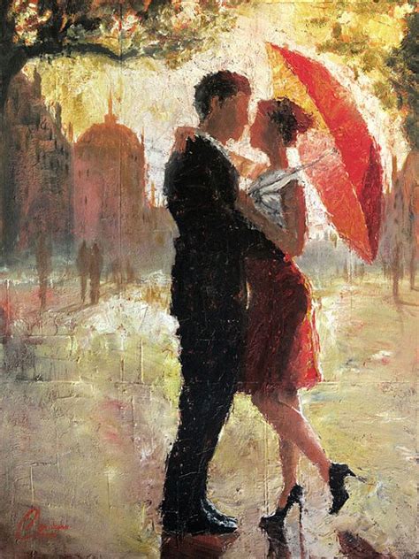 Original oil painting, romantic couple in the city with red umbrella, "Red Umbrella Romance ...