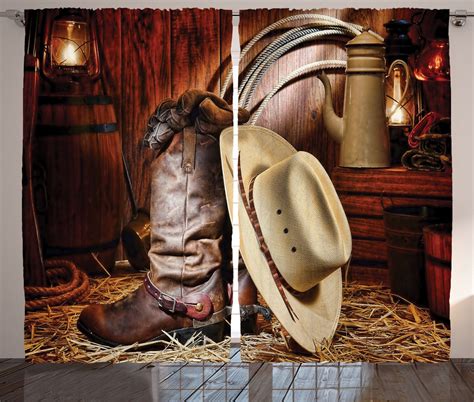 Western Theme Cowboy Boots and Hat Image Rustic Style Decor Curtain 2 Panels Set