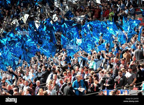 Manchester City fans wave flags in the stands Stock Photo - Alamy