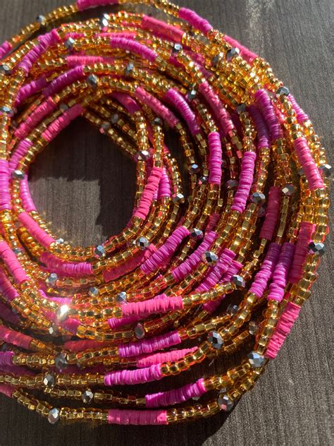 Waist Bead - Gold & Pink WaistBeads- vinyl mixed with glass seed beads ...