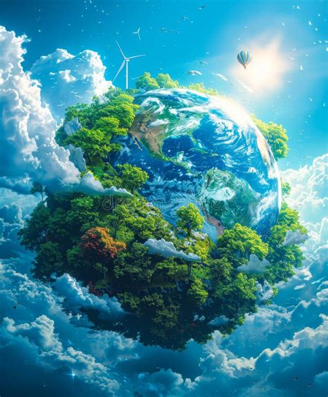 A Digital Illustration of the Earth with Solar Panels and Wind Turbines on Its Surface Stock ...