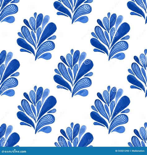 Watercolor Blue Floral Seamless Pattern with Leaves. Vector Background ...