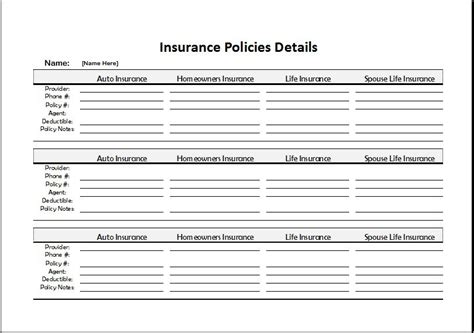 Insurance Policies Record sheet for Excel | Excel Templates