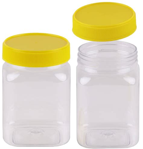 Plastic Honey Jar 500gm Square Yellow Lid, Food Grade, Carton 210 pcs, Jars & Lids