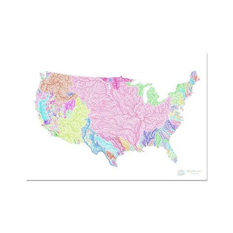 River basin map of the United States, rainbow colours on white Fine Ar ...