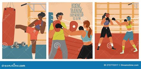 Female Boxers Fighting and Training in a Gym. Woman Kick Boxing Sport Posters Vector Set Stock ...