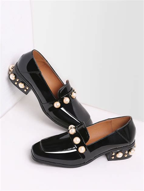 Black Pearl Studded Patent Leather Low Heel Loafers Heeled Loafers ...