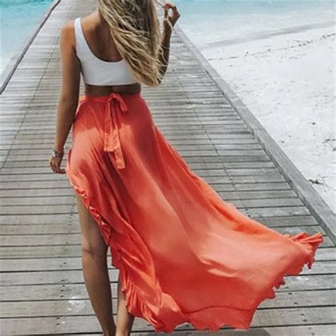 New womens beach cover ups long skirts Summer 2018 Solid bandage High waist Ruffles bikini cover ...