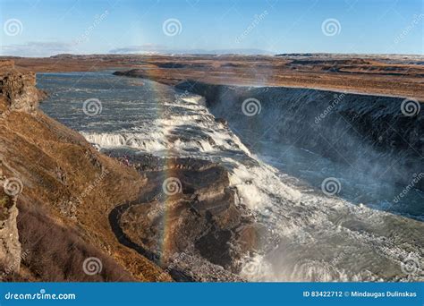 Rainbow and Gullfoss Falls in Iceland. One of the Most Famous Falls in Iceland. Stock Photo ...