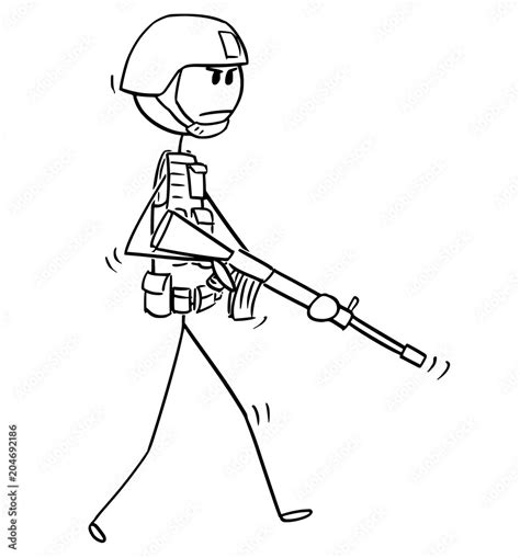 Cartoon stick man drawing conceptual illustration of modern soldier ...