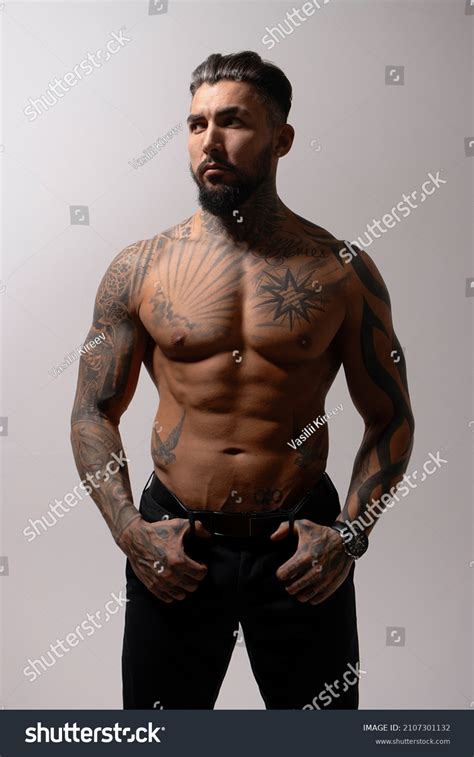 Hispanic Shirtless Male Model Muscular Tattooed Stock Photo 2107301132 ...