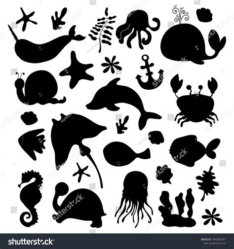 vector set - black silhouettes of sea animals on white background ...