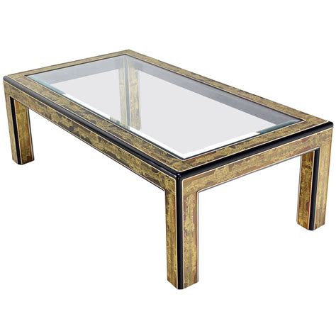 Rectangular Glass-Top Brass and Wood Base Coffee Table by Mastercraft at 1stdibs