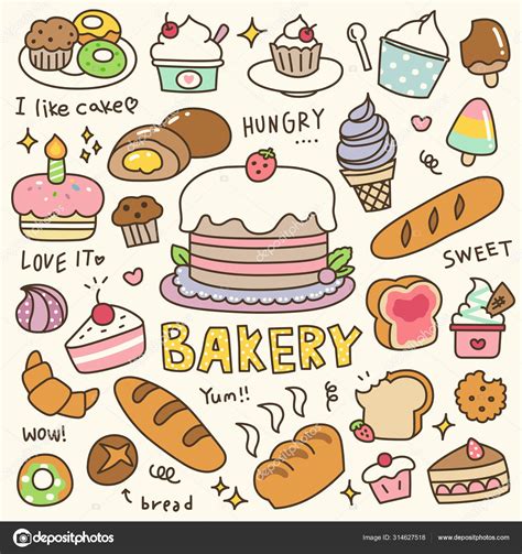 Set Cute Bakery Pastry Dessert Doodle Hand Drawn Vector Illustration ...