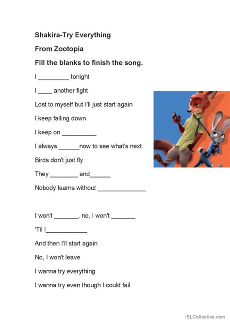 Shakira-Try Everything: English ESL worksheets pdf & doc